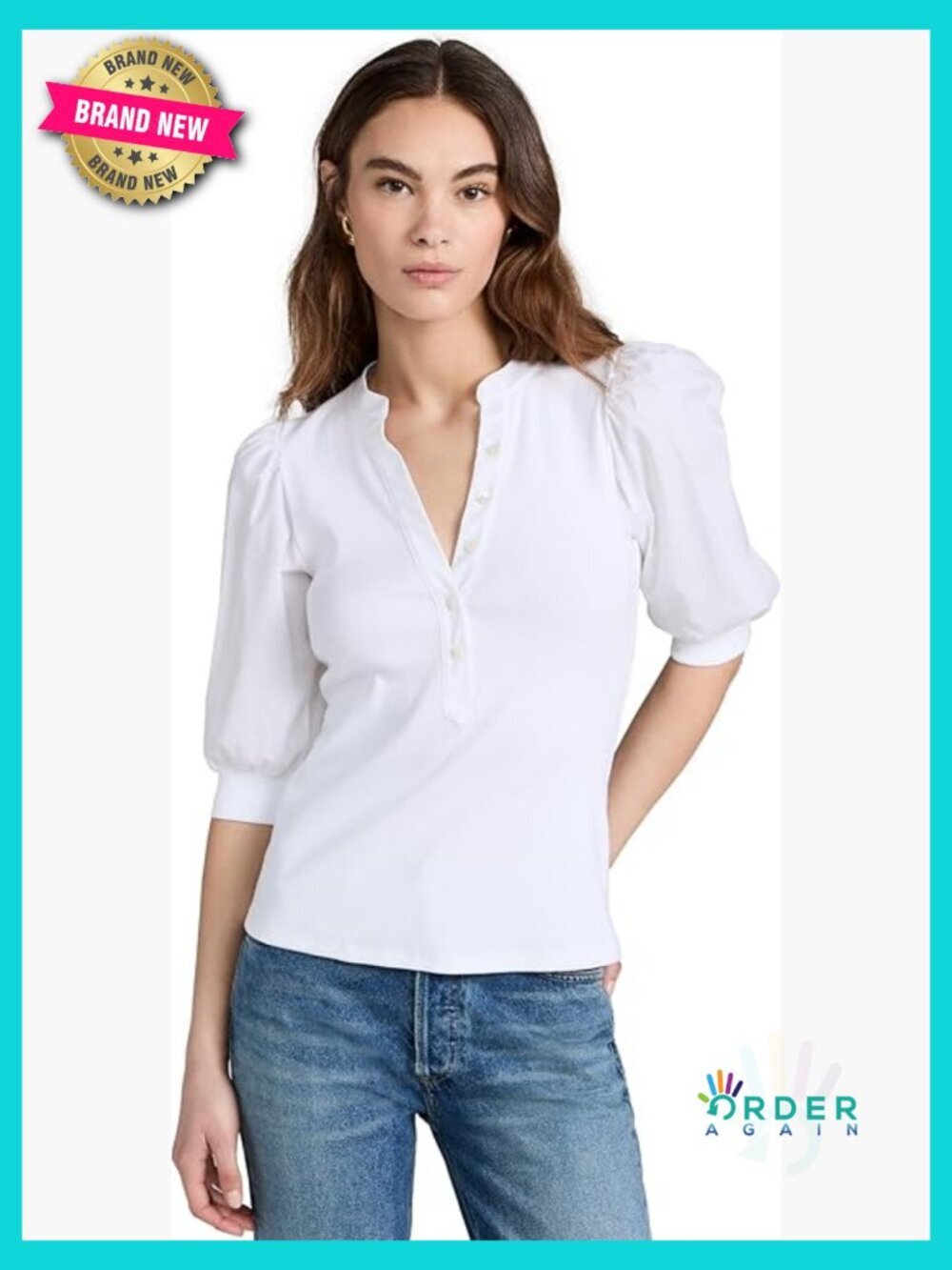Puff Sleeve Ribbed Knit Henley Top Classic Fit Y2K Chic Casual T-Shirt